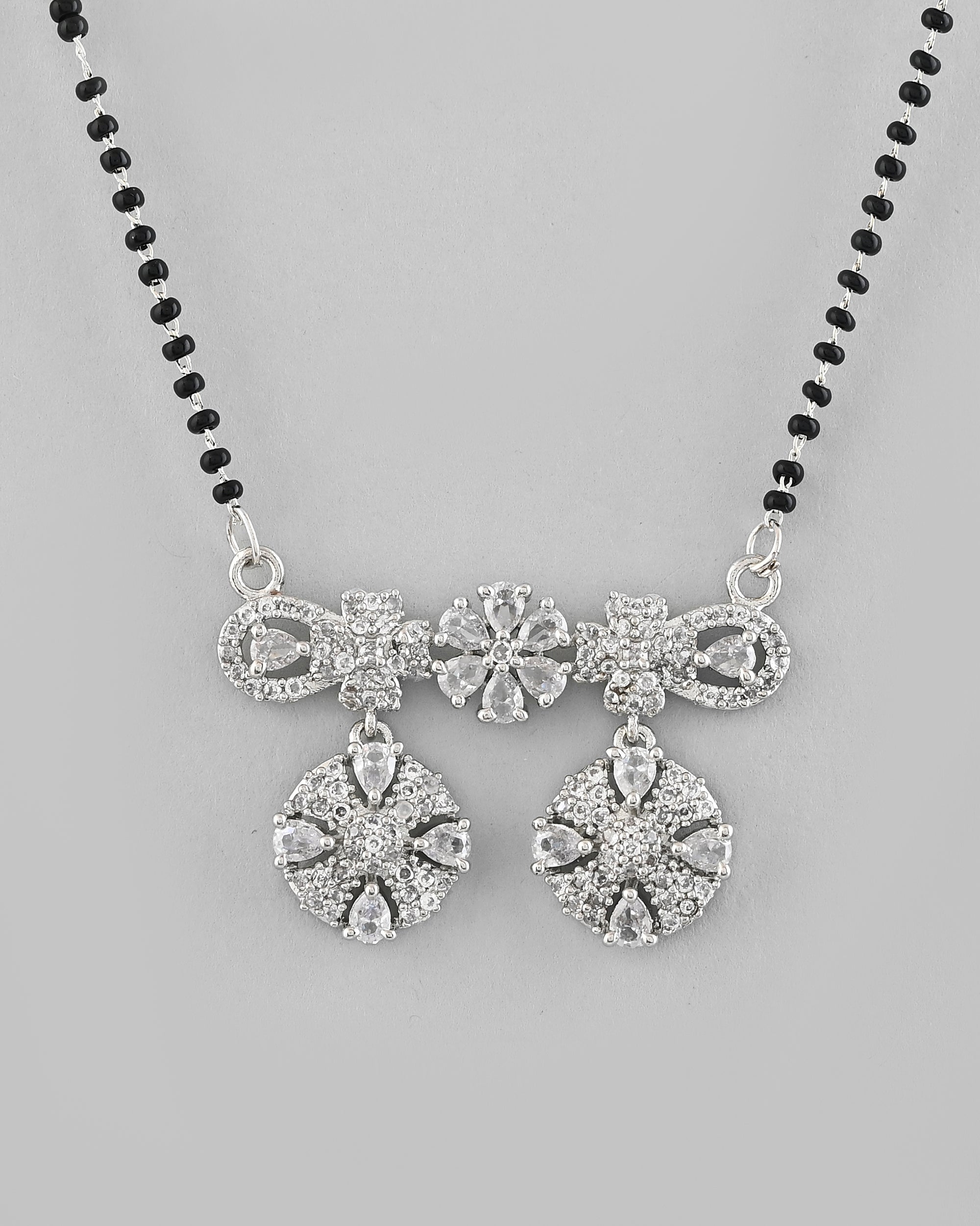 VOJ Silver-Plated Black Beaded & AD Studded Chain Mangalsutra Set - Distacart