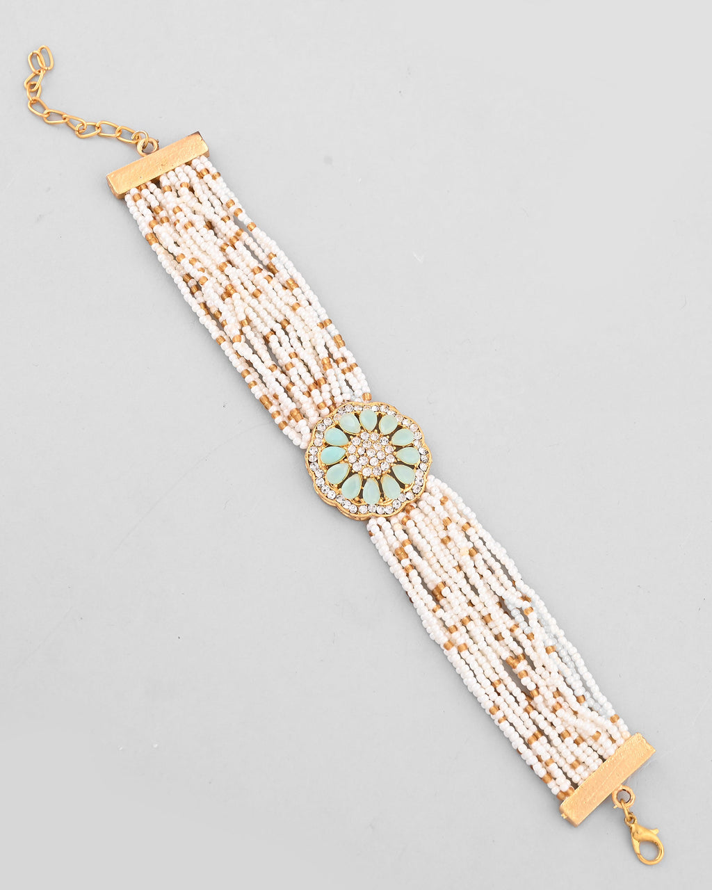 VOJ Gold-Polished Green Flower Studded And Beaded Mutli Layer Bracelet - Distacart