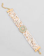 VOJ Gold-Polished Green Flower Studded And Beaded Mutli Layer Bracelet - Distacart