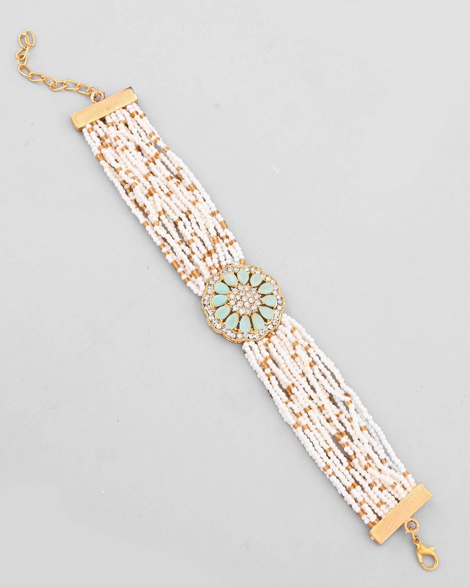 VOJ Gold-Polished Green Flower Studded And Beaded Mutli Layer Bracelet - Distacart
