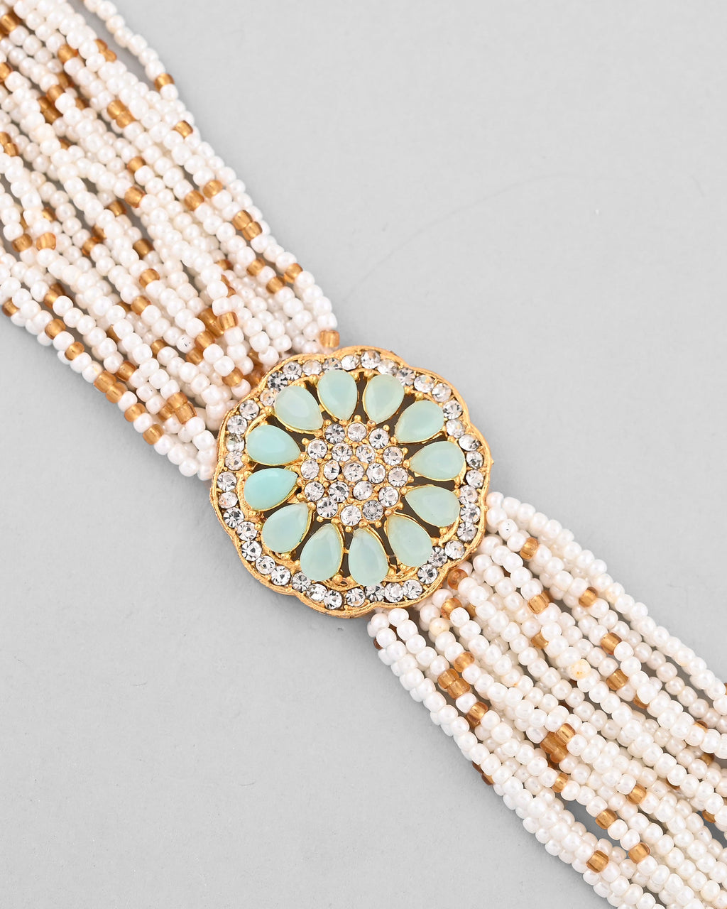 VOJ Gold-Polished Green Flower Studded And Beaded Mutli Layer Bracelet - Distacart