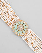 VOJ Gold-Polished Green Flower Studded And Beaded Mutli Layer Bracelet - Distacart