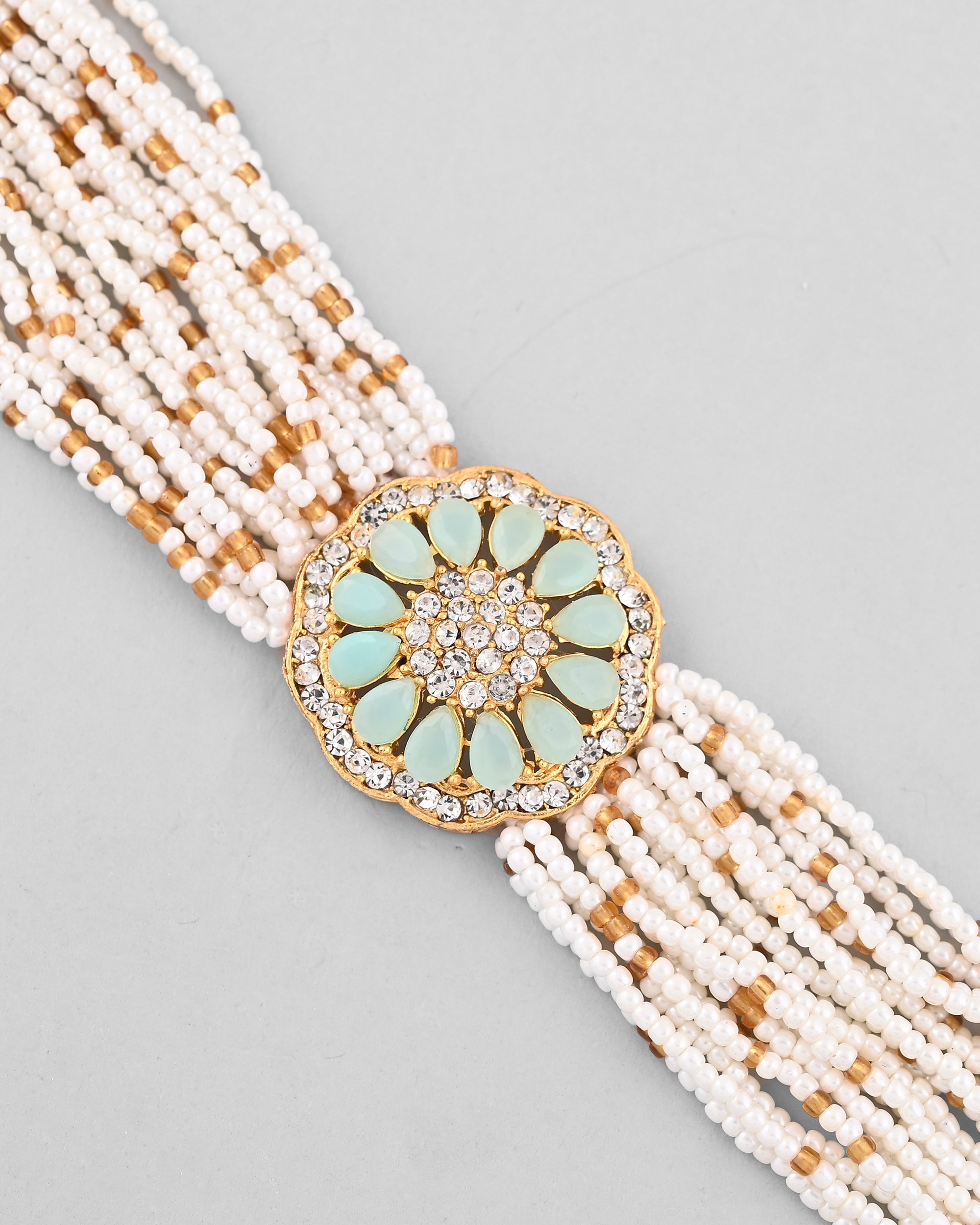 VOJ Gold-Polished Green Flower Studded And Beaded Mutli Layer Bracelet - Distacart