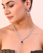 VOJ Silver-Plated White And Maroon Colour AD-Studded Jewellery Set