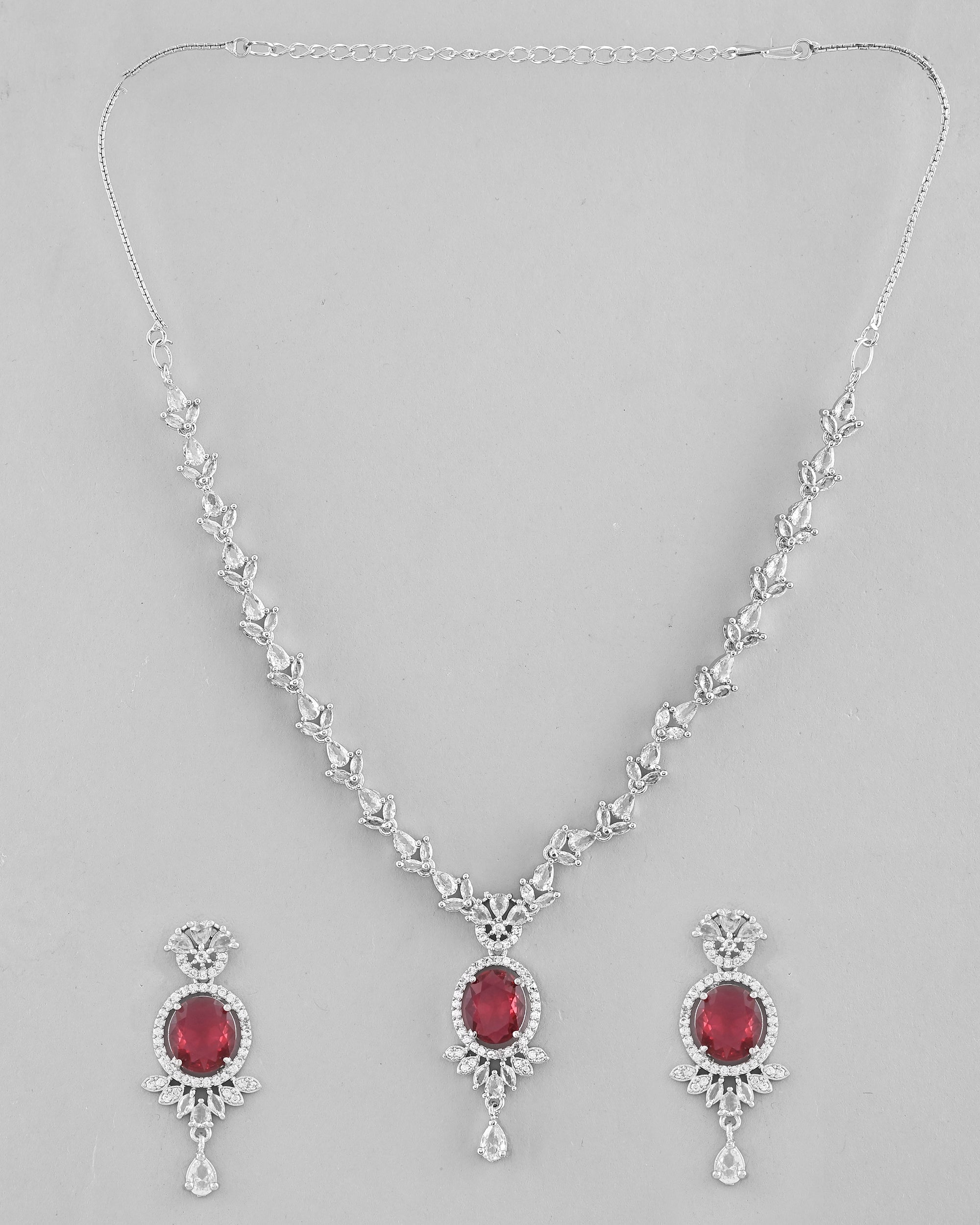 VOJ Silver-Plated White And Maroon Colour AD-Studded Jewellery Set