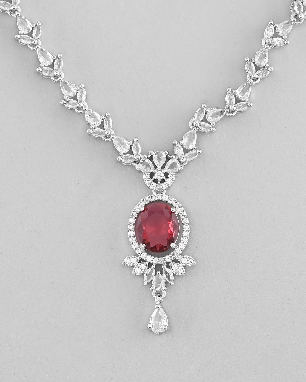 VOJ Silver-Plated White And Maroon Colour AD-Studded Jewellery Set
