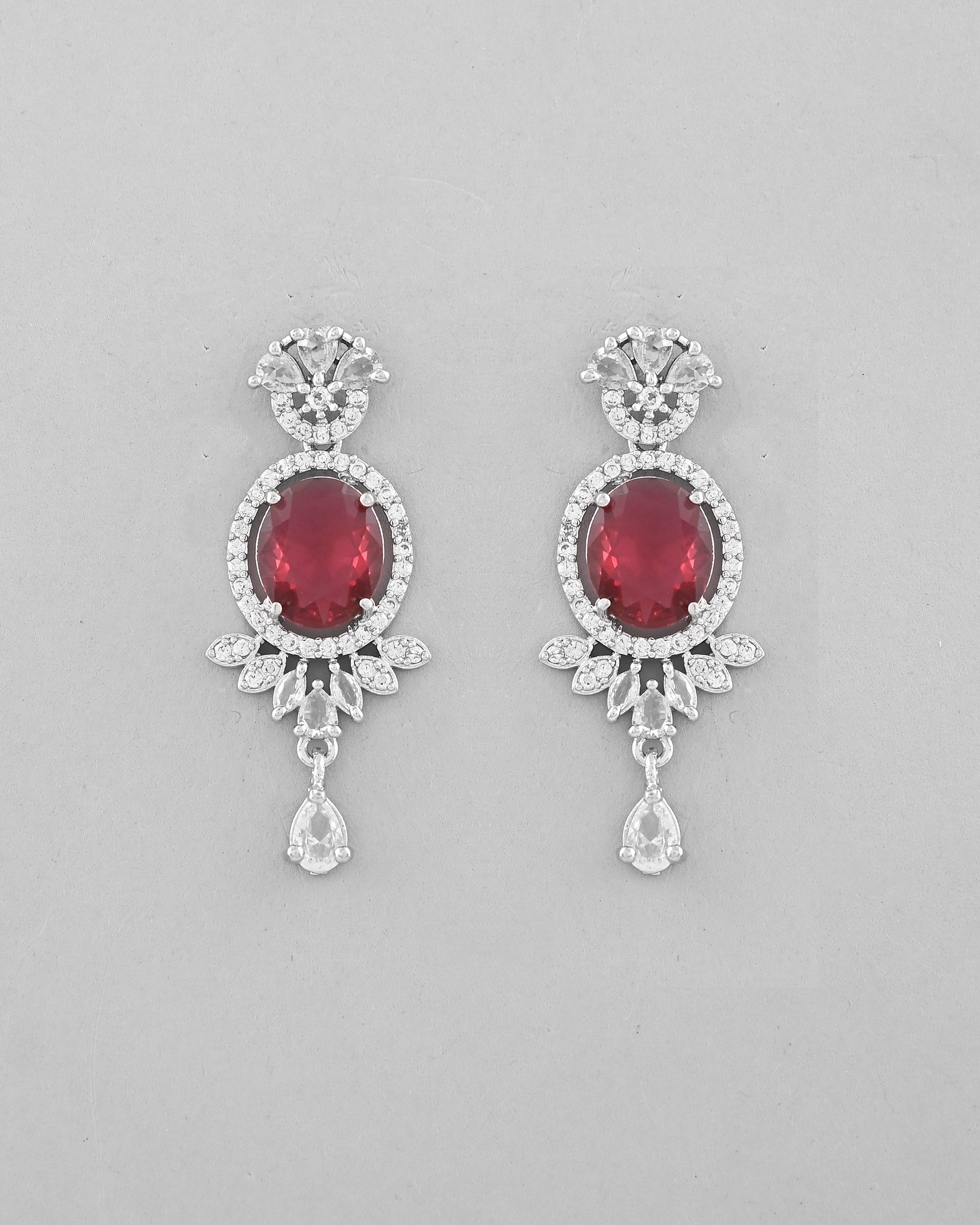 VOJ Silver-Plated White And Maroon Colour AD-Studded Jewellery Set