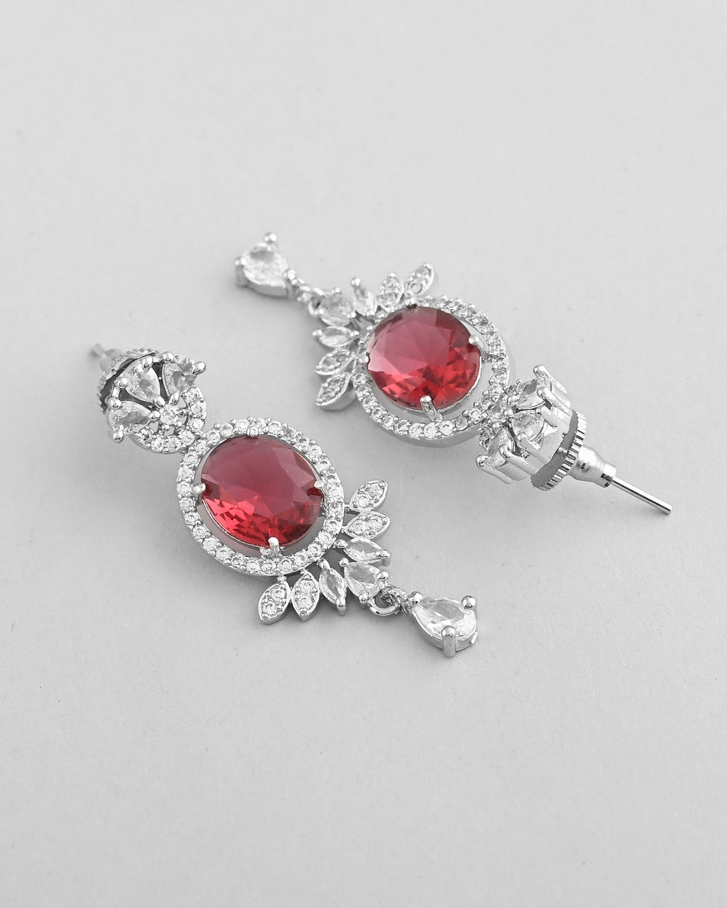 VOJ Silver-Plated White And Maroon Colour AD-Studded Jewellery Set