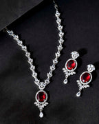 VOJ Silver-Plated White And Maroon Colour AD-Studded Jewellery Set