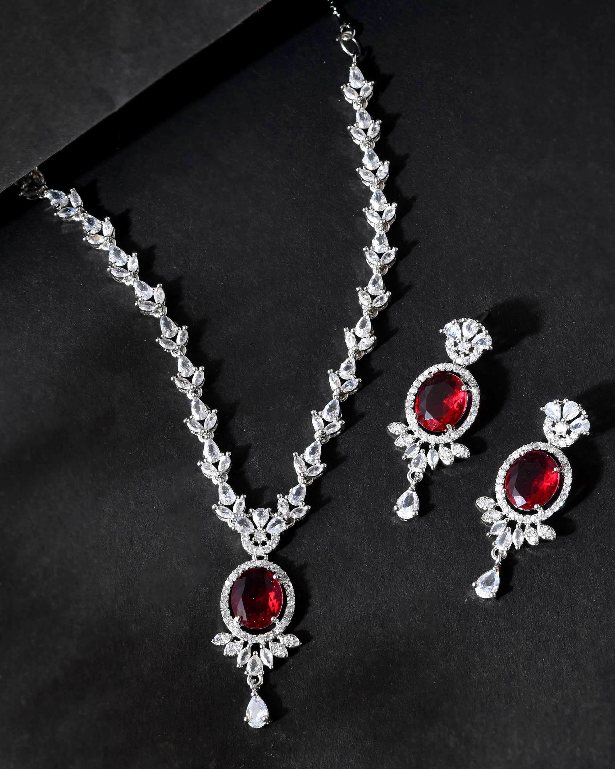 VOJ Silver-Plated White And Maroon Colour AD-Studded Jewellery Set