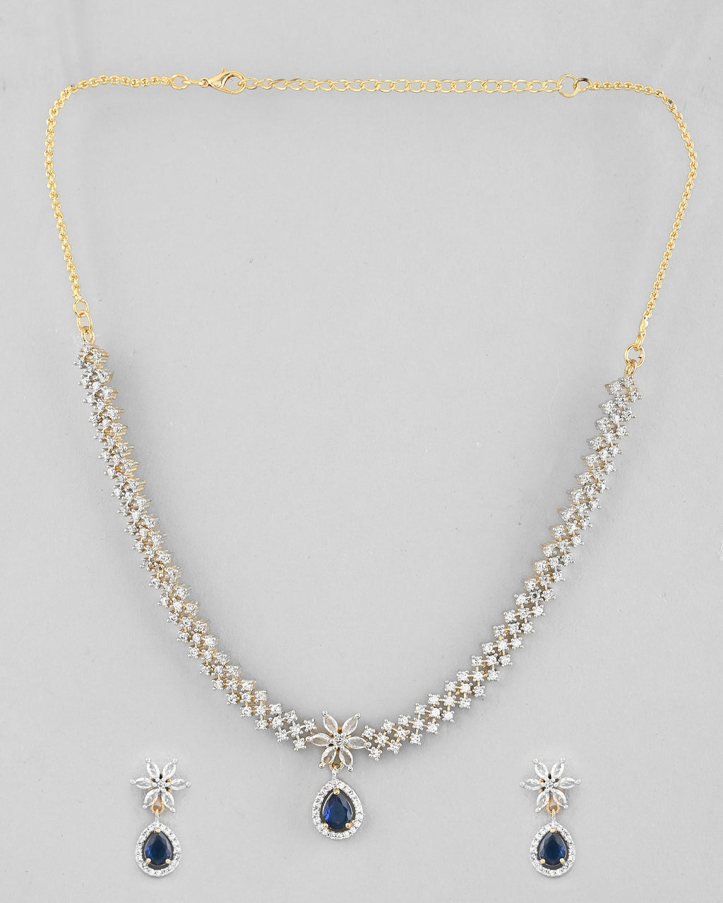 VOJ Gold-Polished White And Blue Colour AD-Studded Jewellery Set