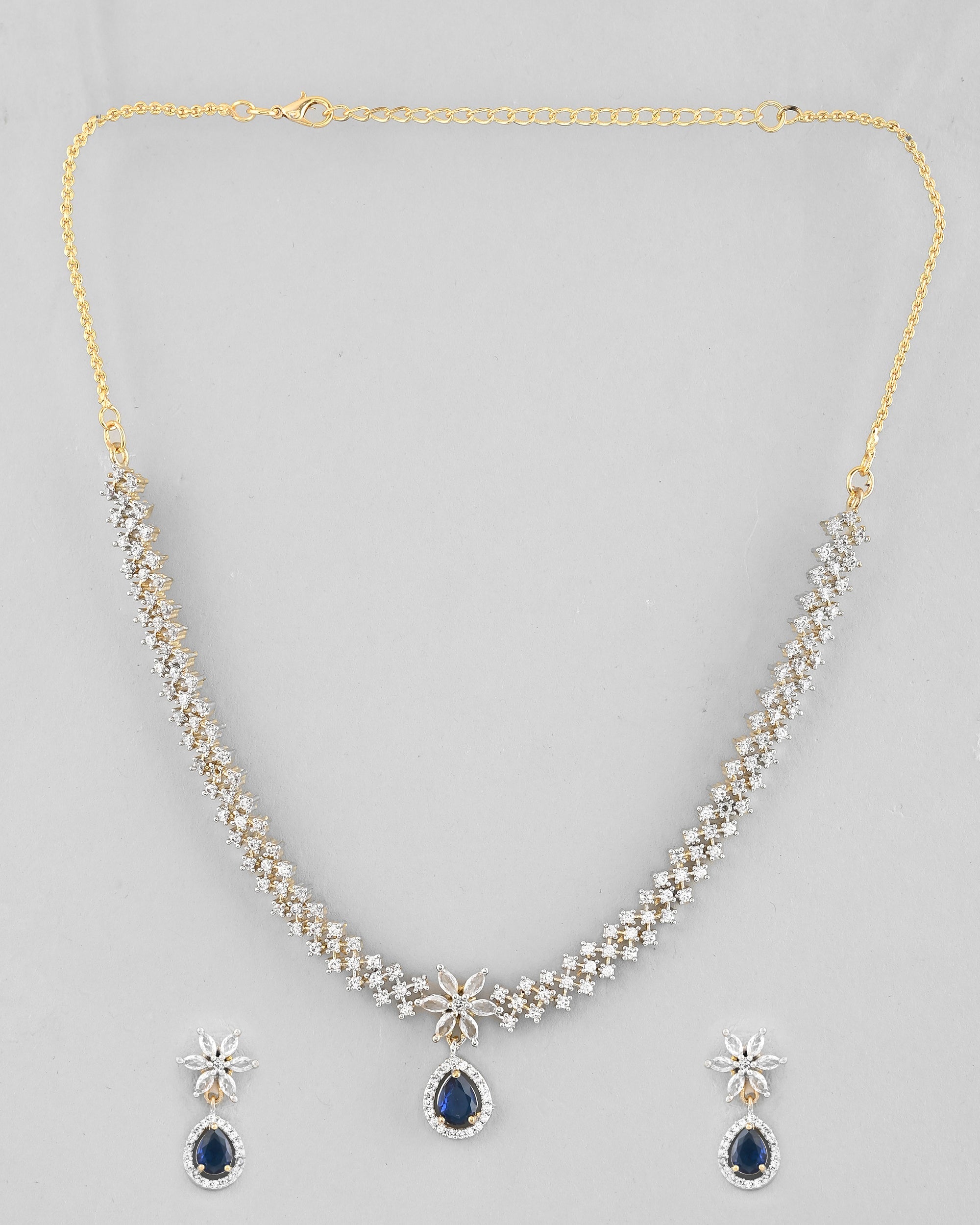 VOJ Gold-Polished White And Blue Colour AD-Studded Jewellery Set