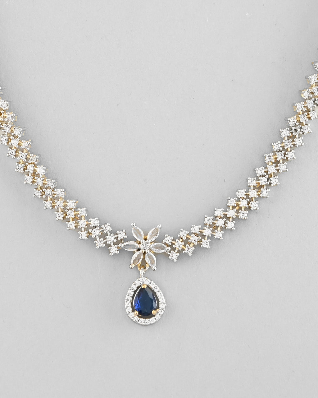 VOJ Gold-Polished White And Blue Colour AD-Studded Jewellery Set