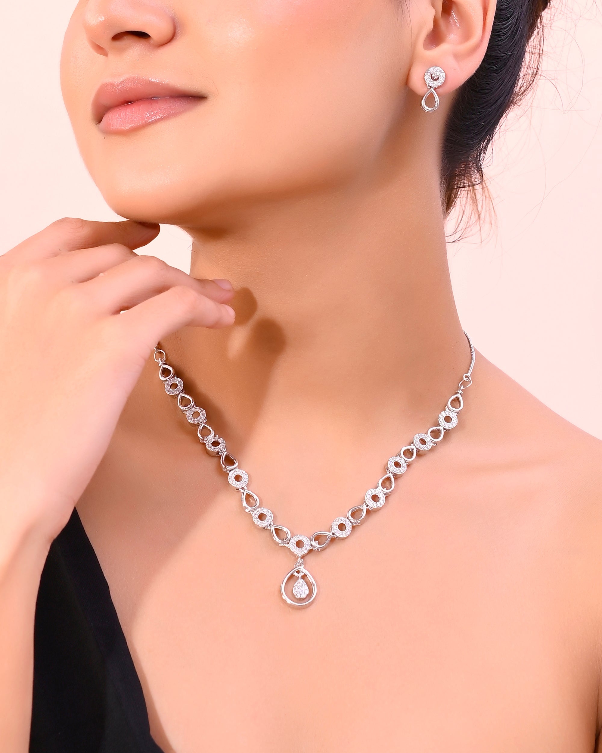 VOJ Silver-Plated AD-Studded Designer Jewellery Set