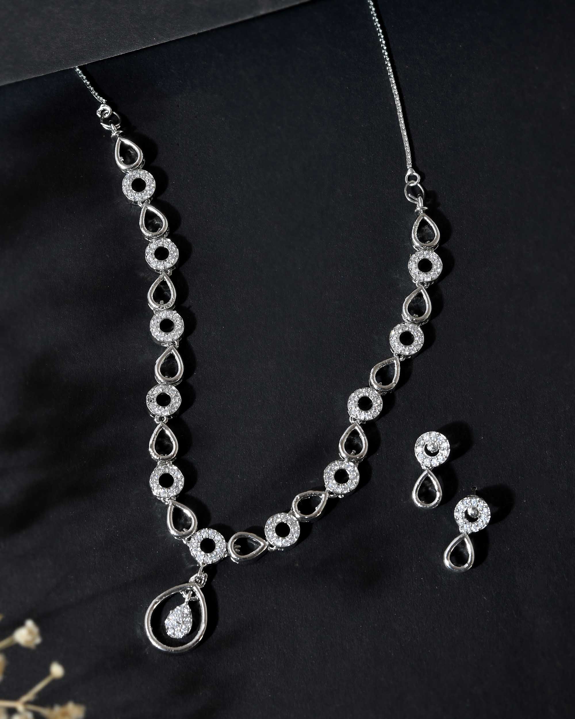 VOJ Silver-Plated AD-Studded Designer Jewellery Set