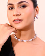 VOJ Silver Plated Pink And White Stone Studded Necklace with Earrings Set