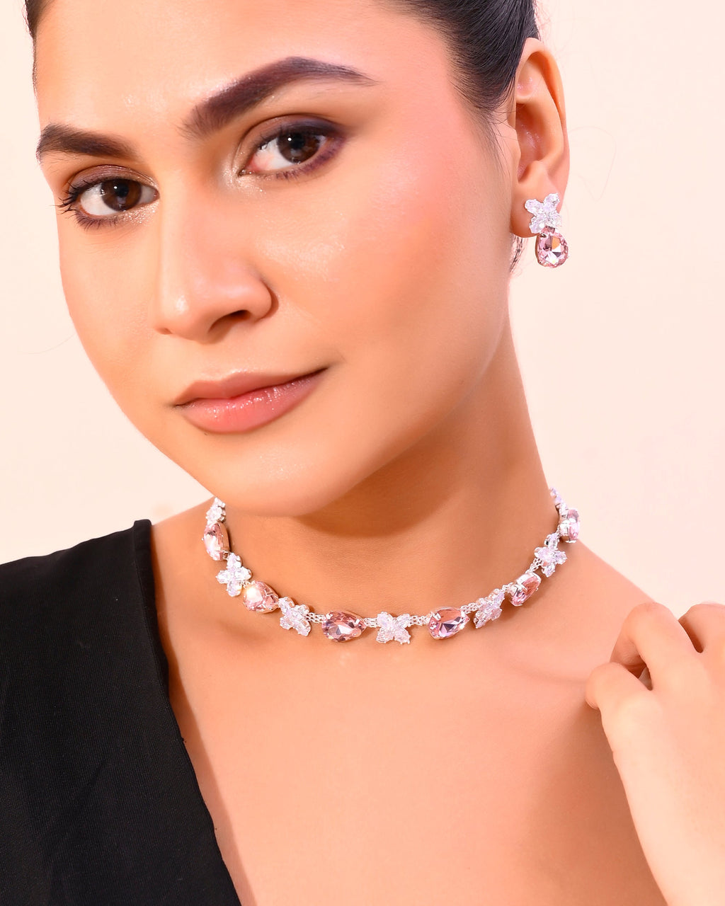 VOJ Silver Plated Pink And White Stone Studded Necklace with Earrings Set