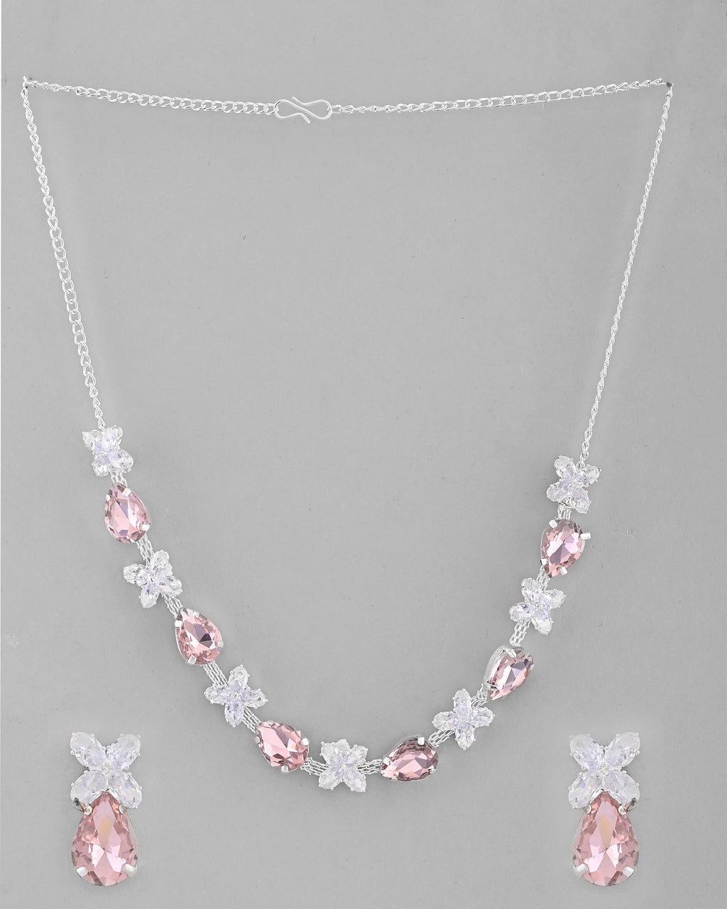 VOJ Silver Plated Pink And White Stone Studded Necklace with Earrings Set