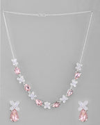 VOJ Silver Plated Pink And White Stone Studded Necklace with Earrings Set