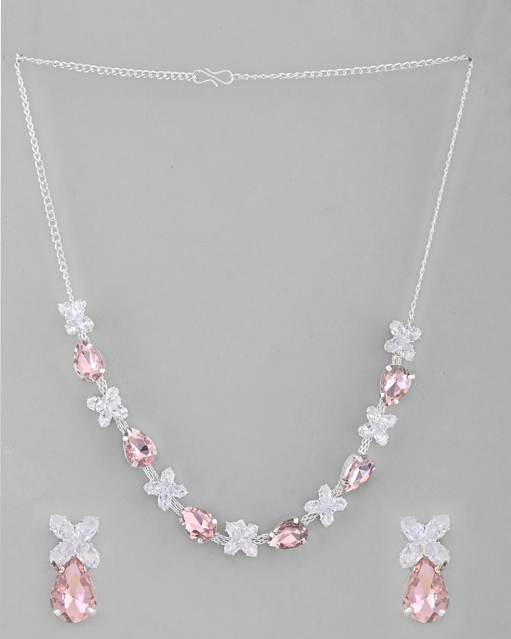 VOJ Silver Plated Pink And White Stone Studded Necklace with Earrings Set