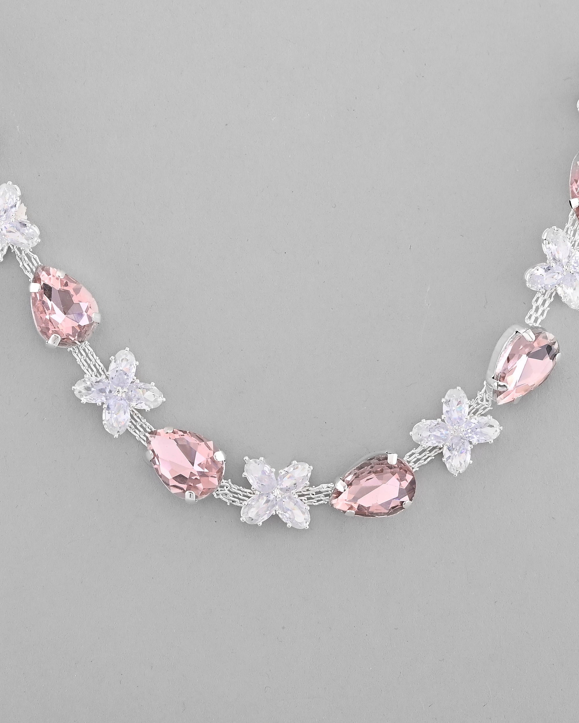 VOJ Silver Plated Pink And White Stone Studded Necklace with Earrings Set