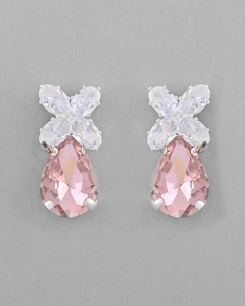 VOJ Silver Plated Pink And White Stone Studded Necklace with Earrings Set