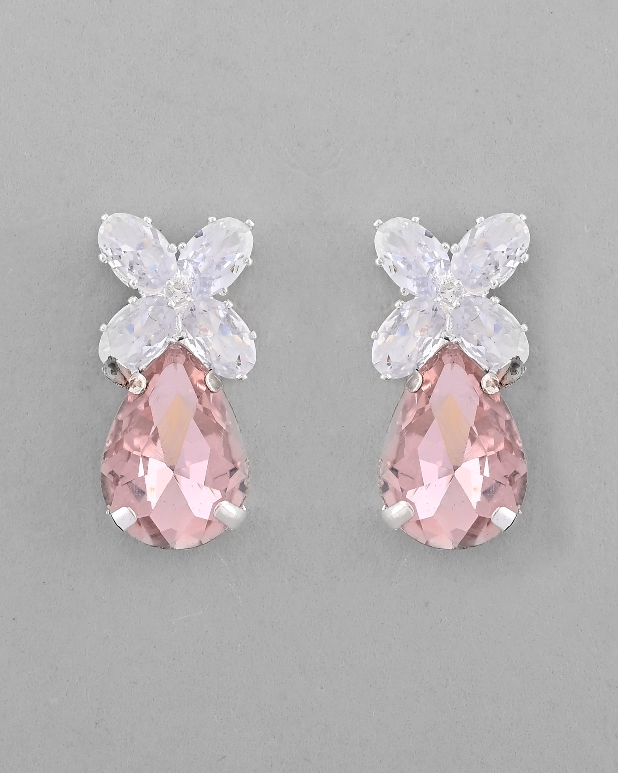 VOJ Silver Plated Pink And White Stone Studded Necklace with Earrings Set