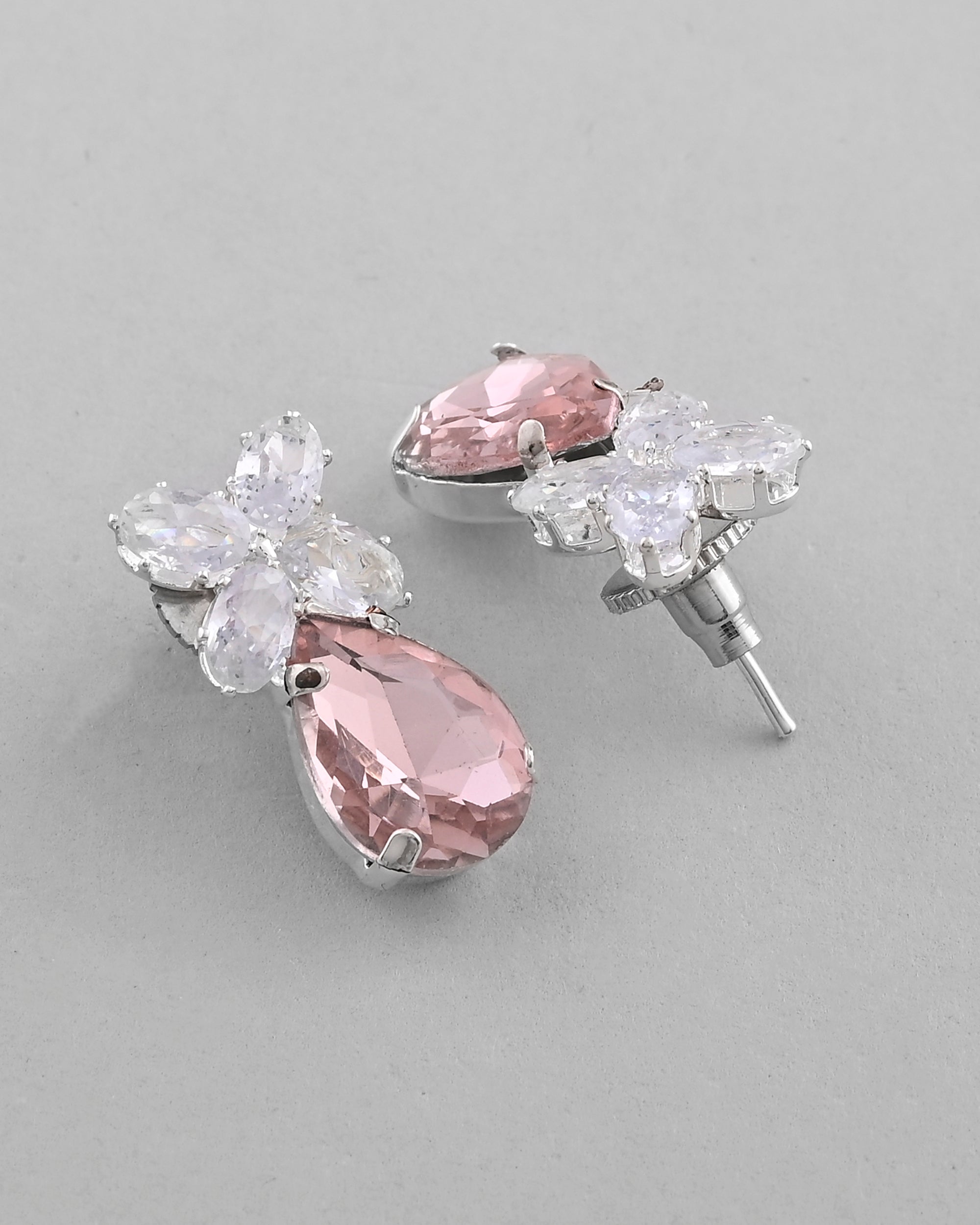 VOJ Silver Plated Pink And White Stone Studded Necklace with Earrings Set