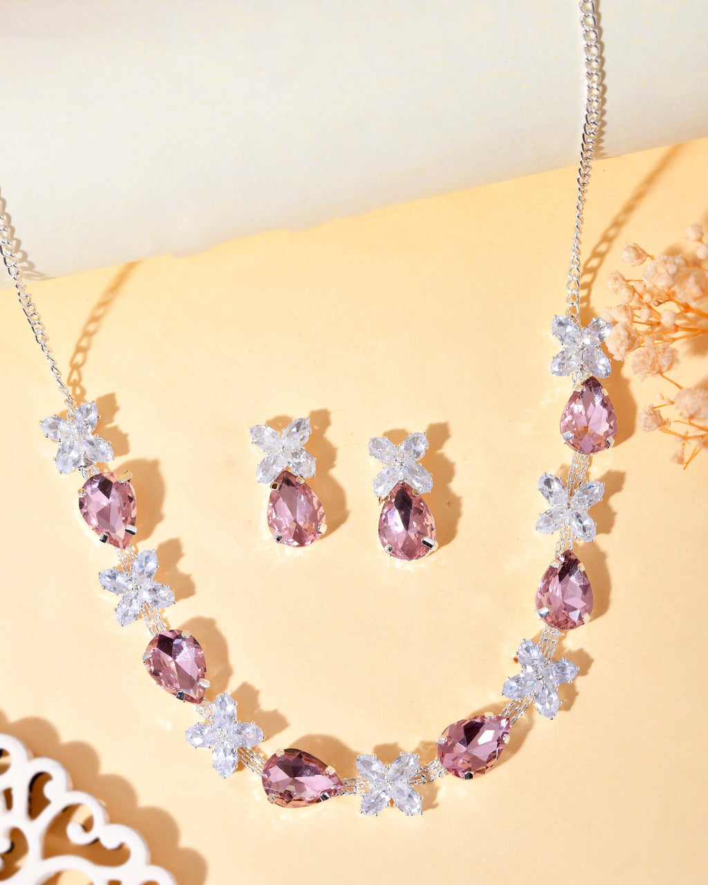 VOJ Silver Plated Pink And White Stone Studded Necklace with Earrings Set