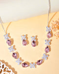 VOJ Silver Plated Pink And White Stone Studded Necklace with Earrings Set