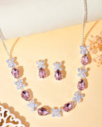 VOJ Silver Plated Pink And White Stone Studded Necklace with Earrings Set