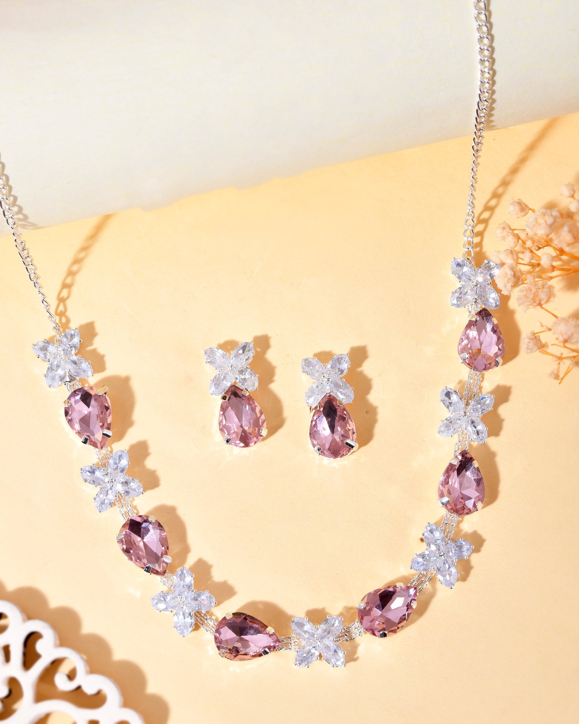 VOJ Silver Plated Pink And White Stone Studded Necklace with Earrings Set