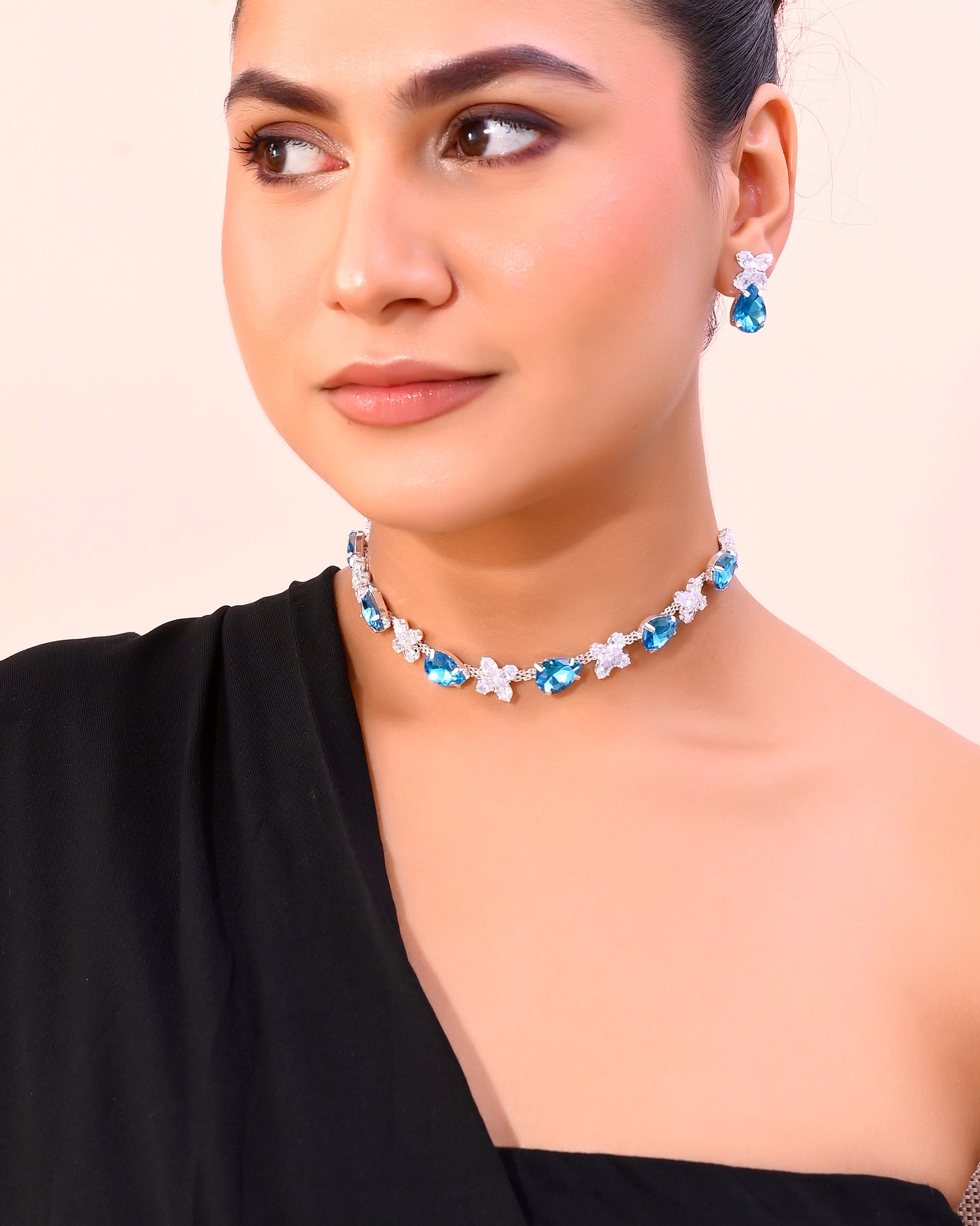 VOJ Silver Plated Blue And White Stone Studded Necklace with Earrings Set