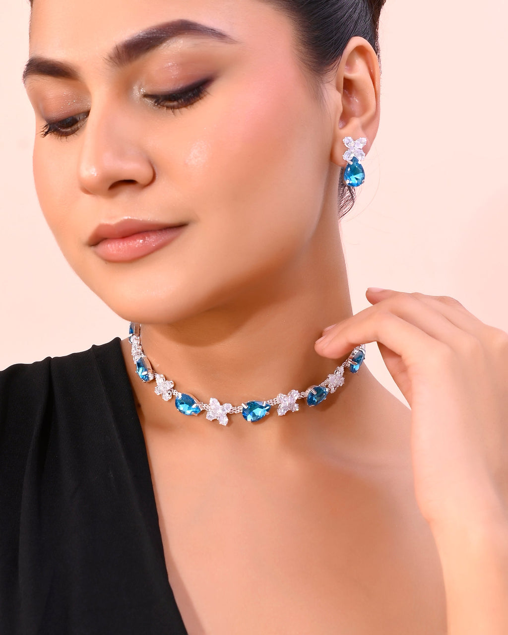 VOJ Silver Plated Blue And White Stone Studded Necklace with Earrings Set