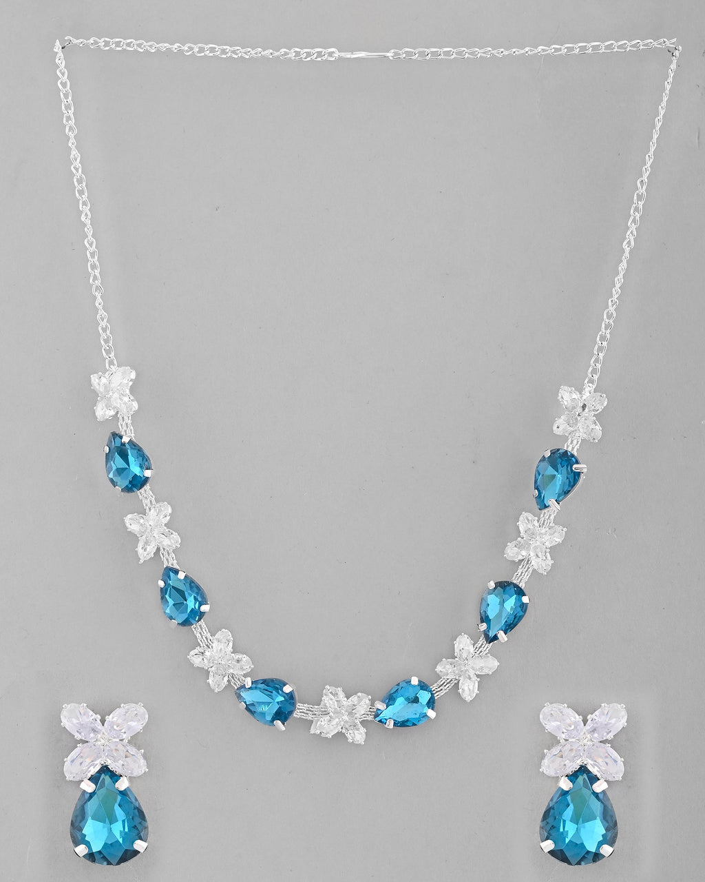 VOJ Silver Plated Blue And White Stone Studded Necklace with Earrings Set