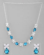 VOJ Silver Plated Blue And White Stone Studded Necklace with Earrings Set