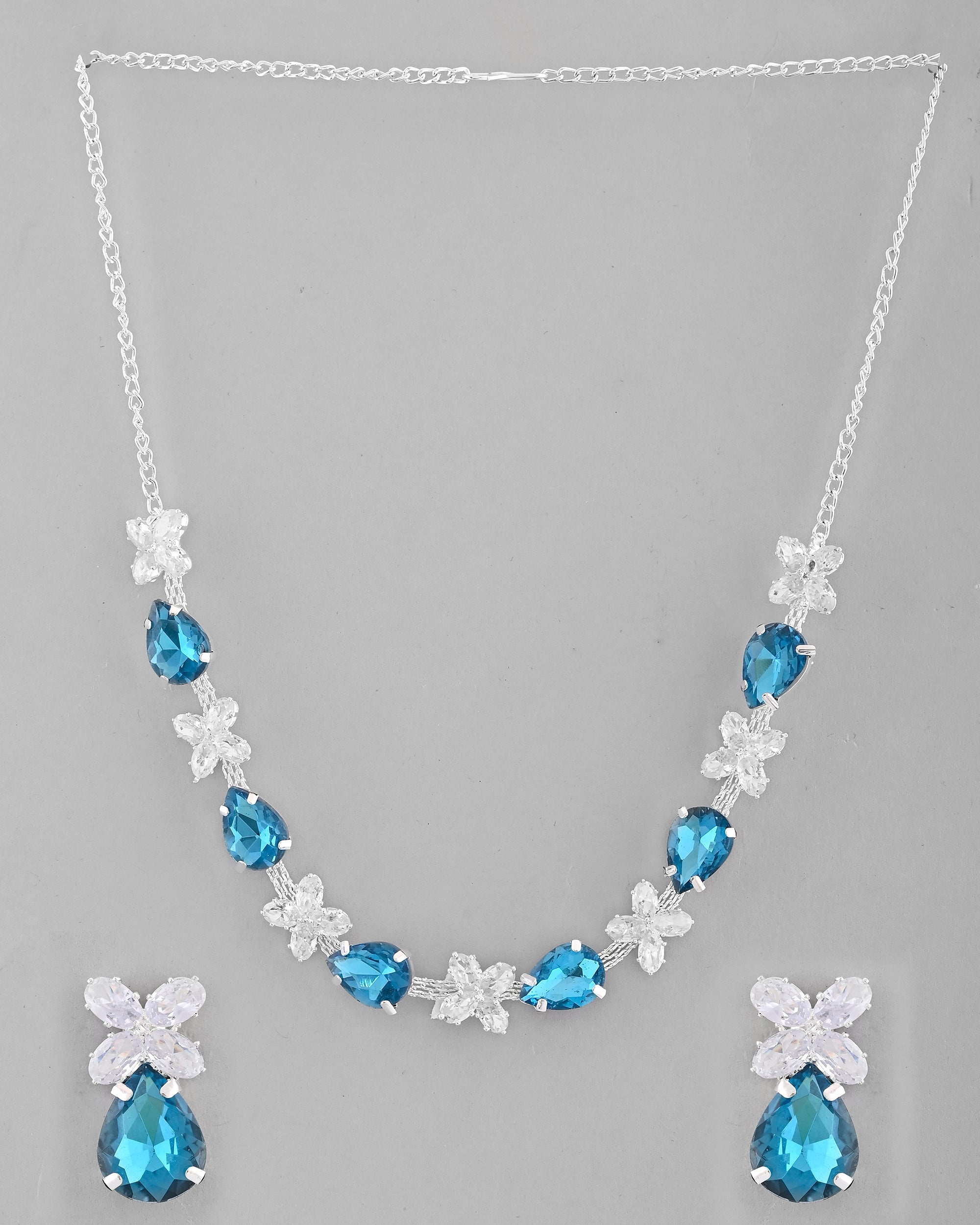 VOJ Silver Plated Blue And White Stone Studded Necklace with Earrings Set
