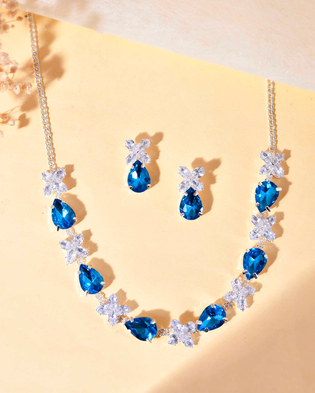 VOJ Silver Plated Blue And White Stone Studded Necklace with Earrings Set