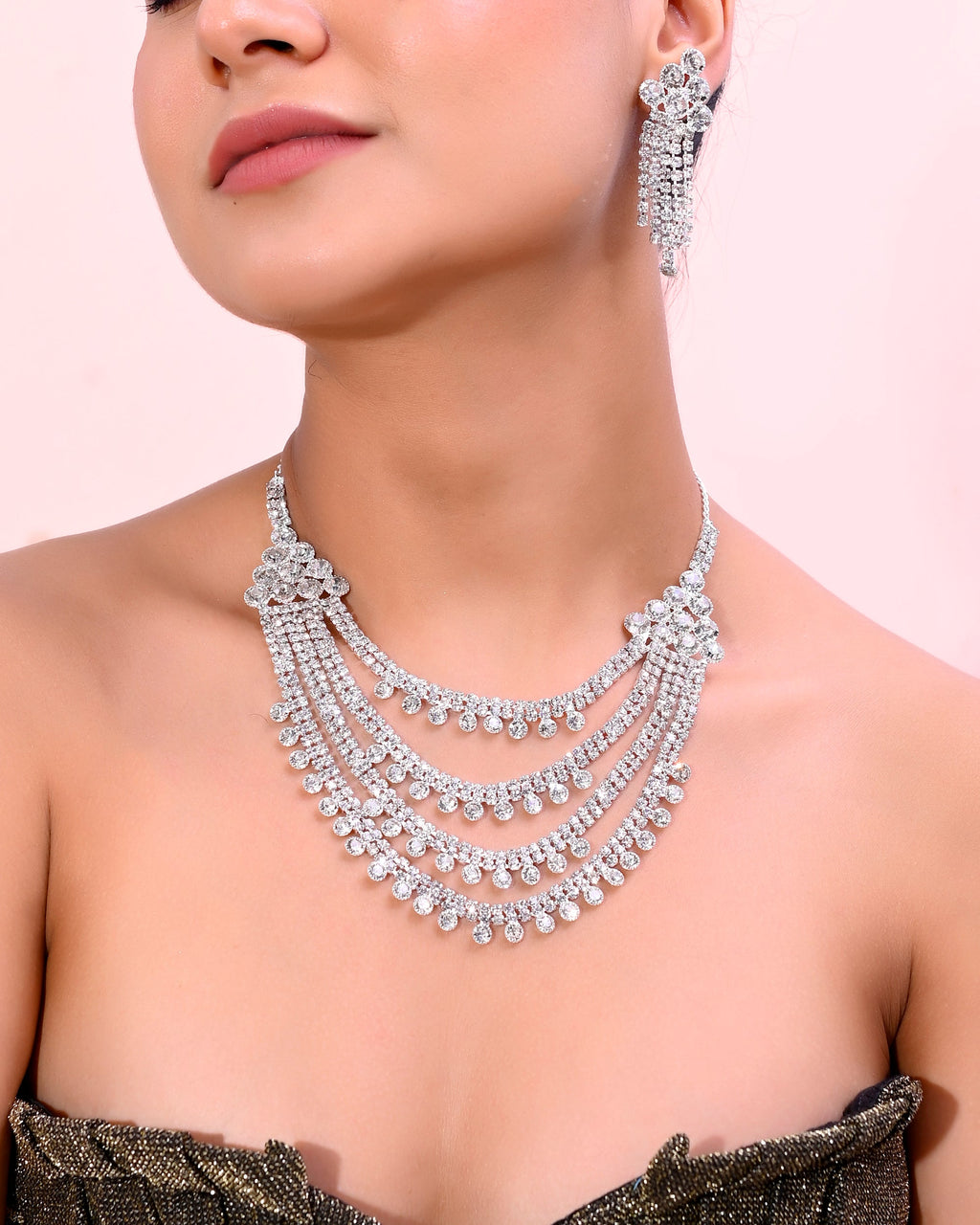 VOJ Silver Plated Stone Studded Multi Layer Jewellery Set