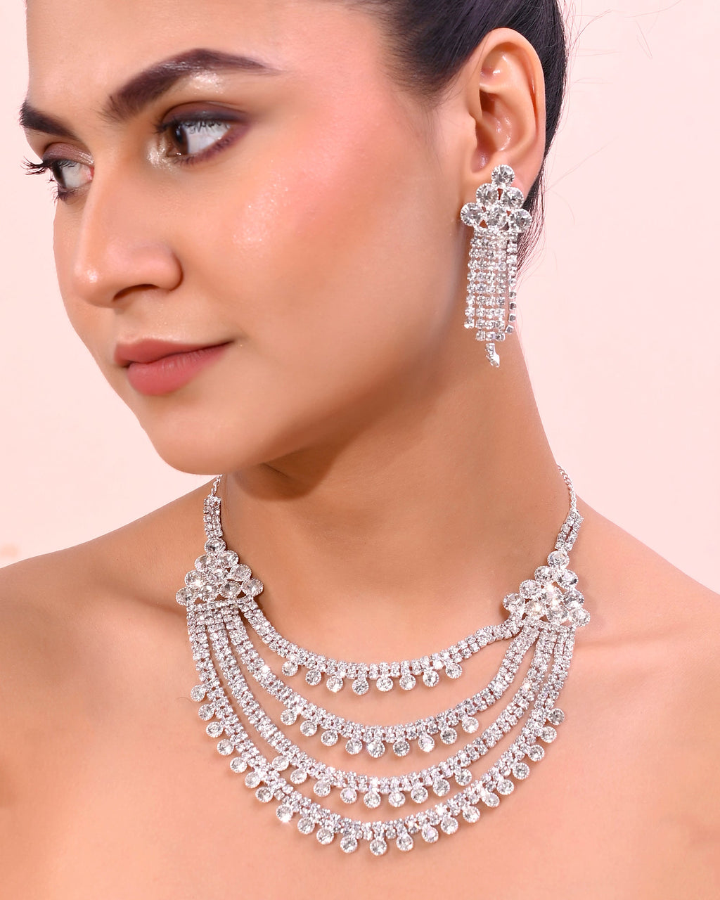VOJ Silver Plated Stone Studded Multi Layer Jewellery Set