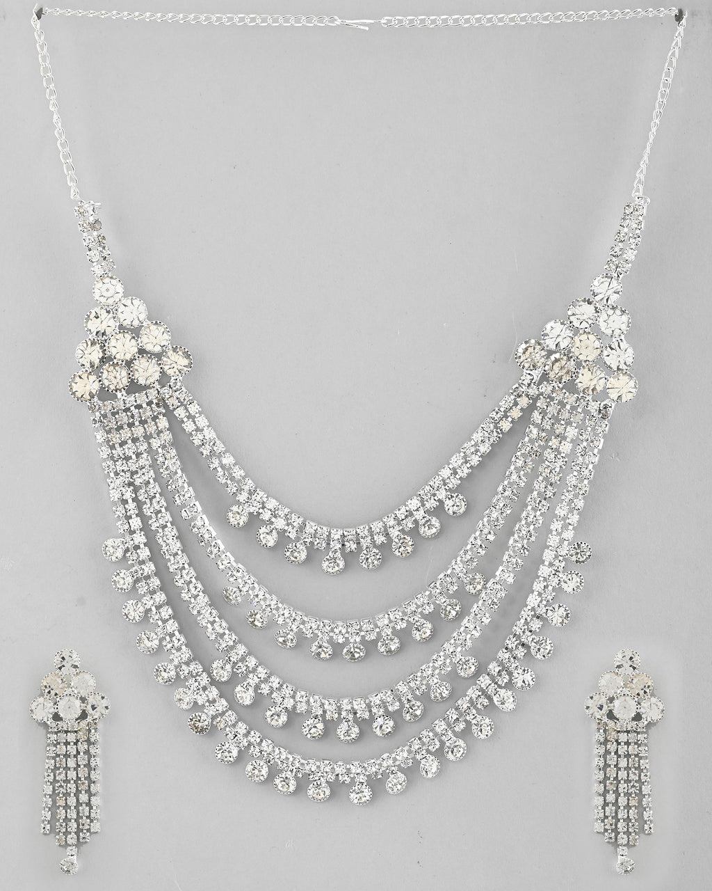 VOJ Silver Plated Stone Studded Multi Layer Jewellery Set