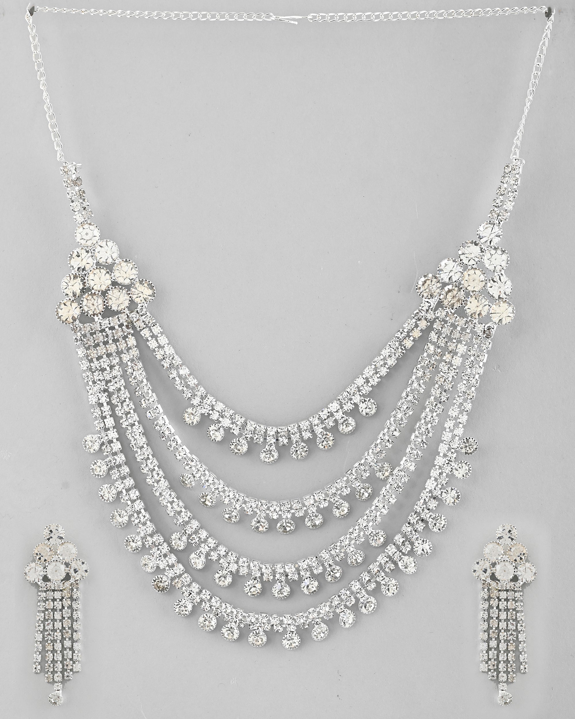 VOJ Silver Plated Stone Studded Multi Layer Jewellery Set