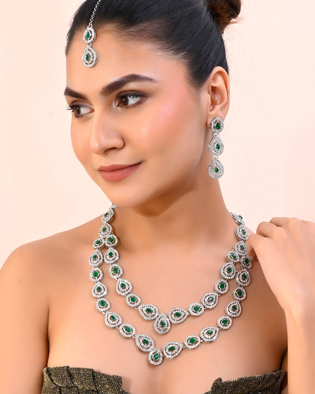VOJ AD Studded with White and Green Stone Layered Jewellery Set