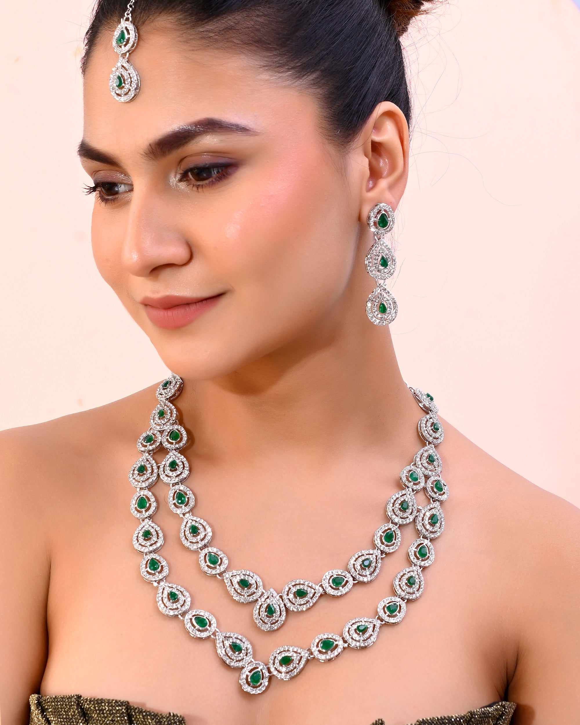 VOJ AD Studded with White and Green Stone Layered Jewellery Set