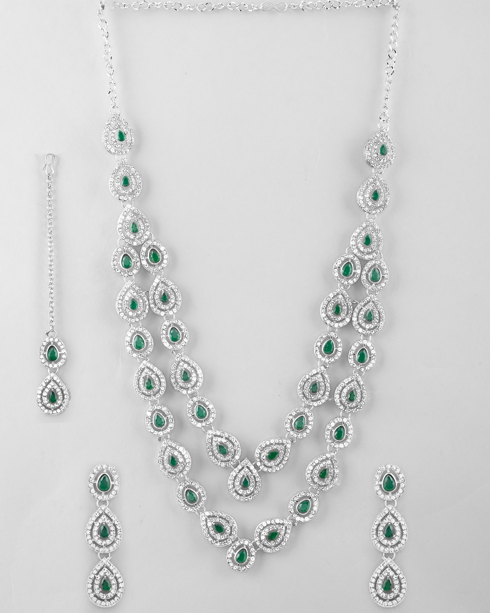 VOJ AD Studded with White and Green Stone Layered Jewellery Set