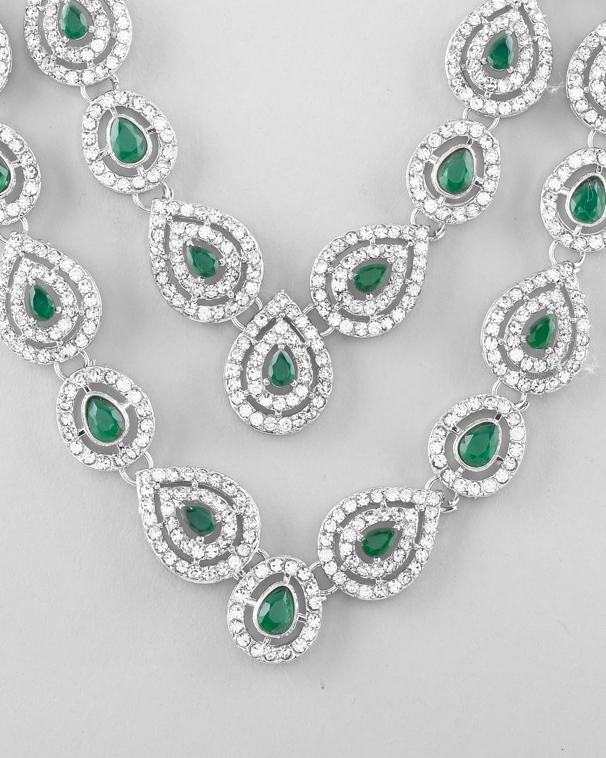 VOJ AD Studded with White and Green Stone Layered Jewellery Set