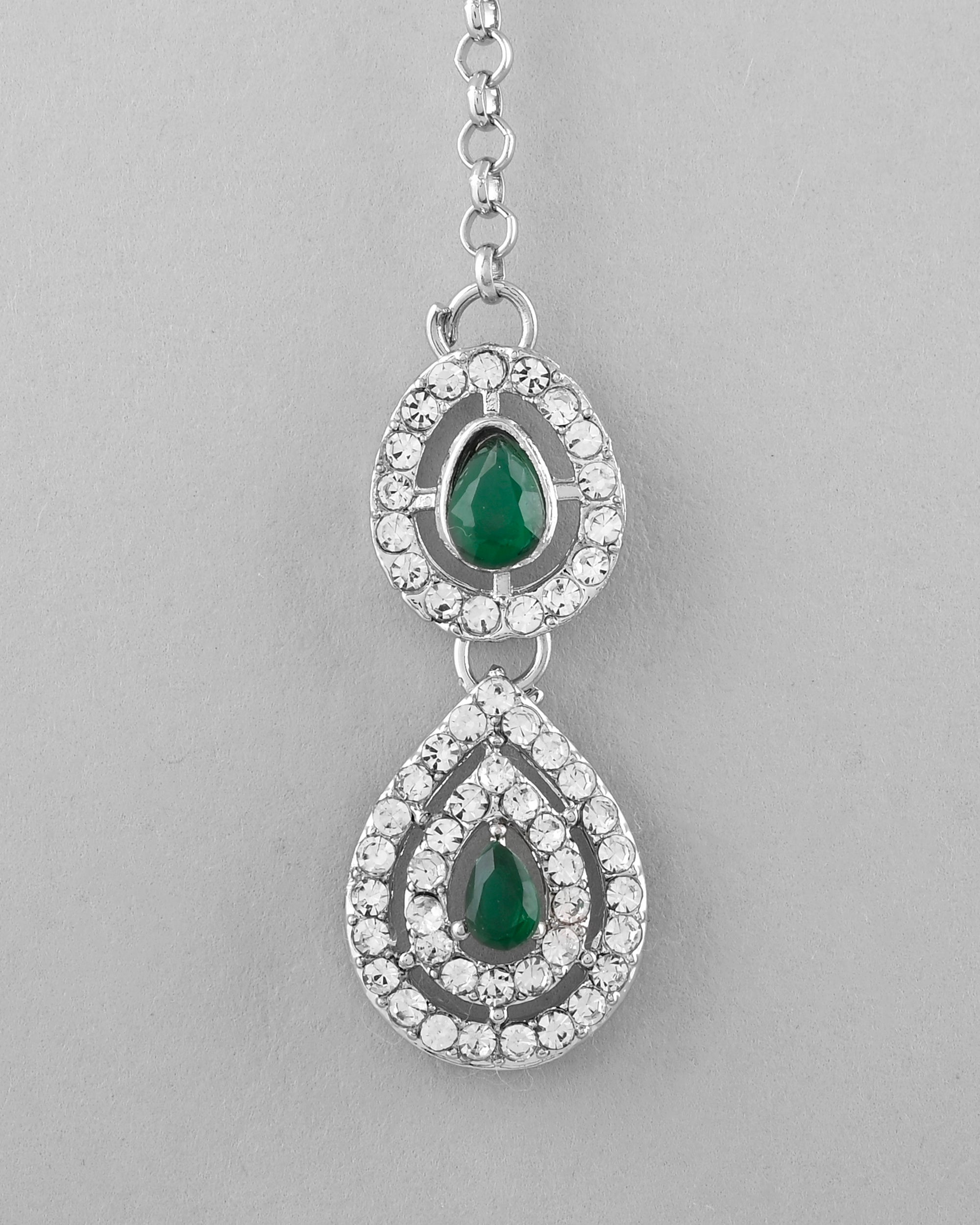 VOJ AD Studded with White and Green Stone Layered Jewellery Set