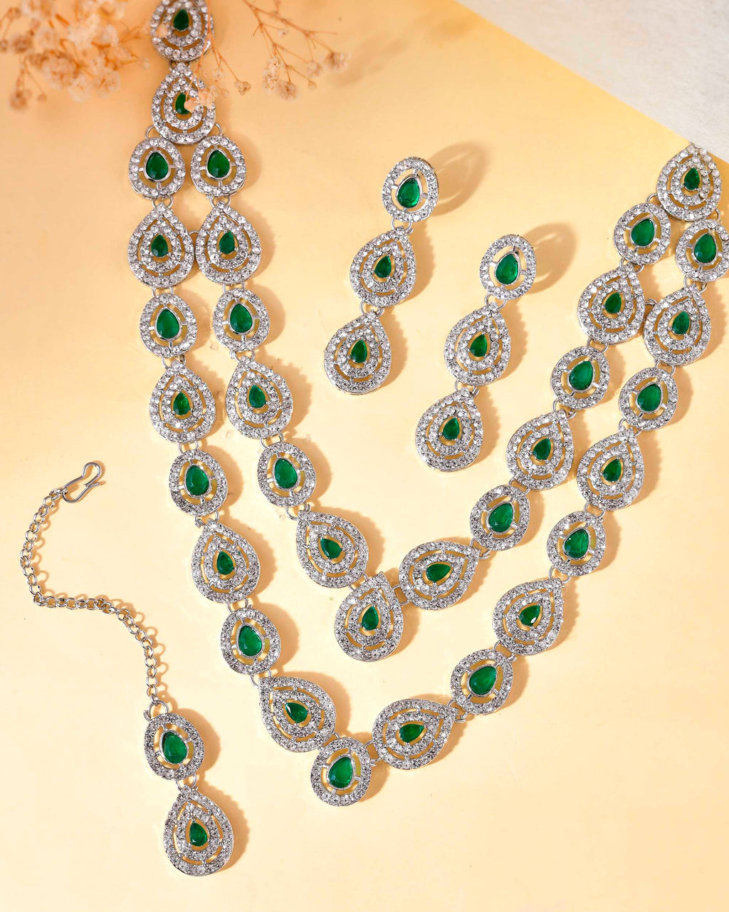 VOJ AD Studded with White and Green Stone Layered Jewellery Set