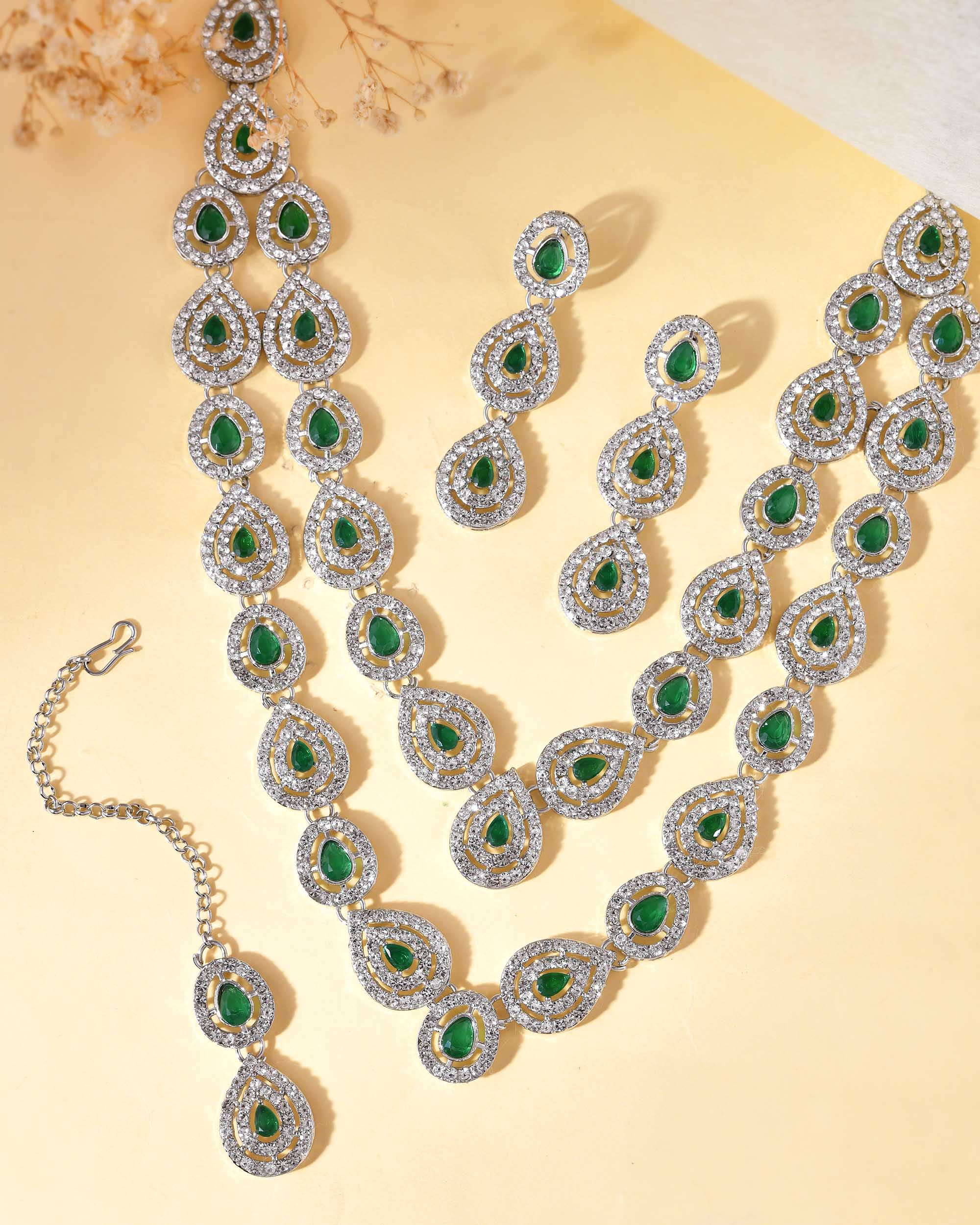 VOJ AD Studded with White and Green Stone Layered Jewellery Set