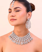 VOJ Silver Plated AD Studded Necklace With Earrings And Mangtikka Set